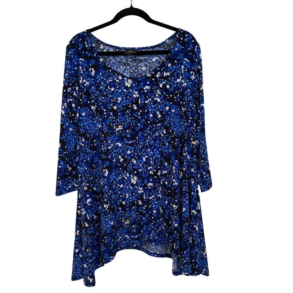 JM Collection Womens XL Blue Floral Abstract Scoop Neck 3/4 Sleeve Tunic Top NEW
